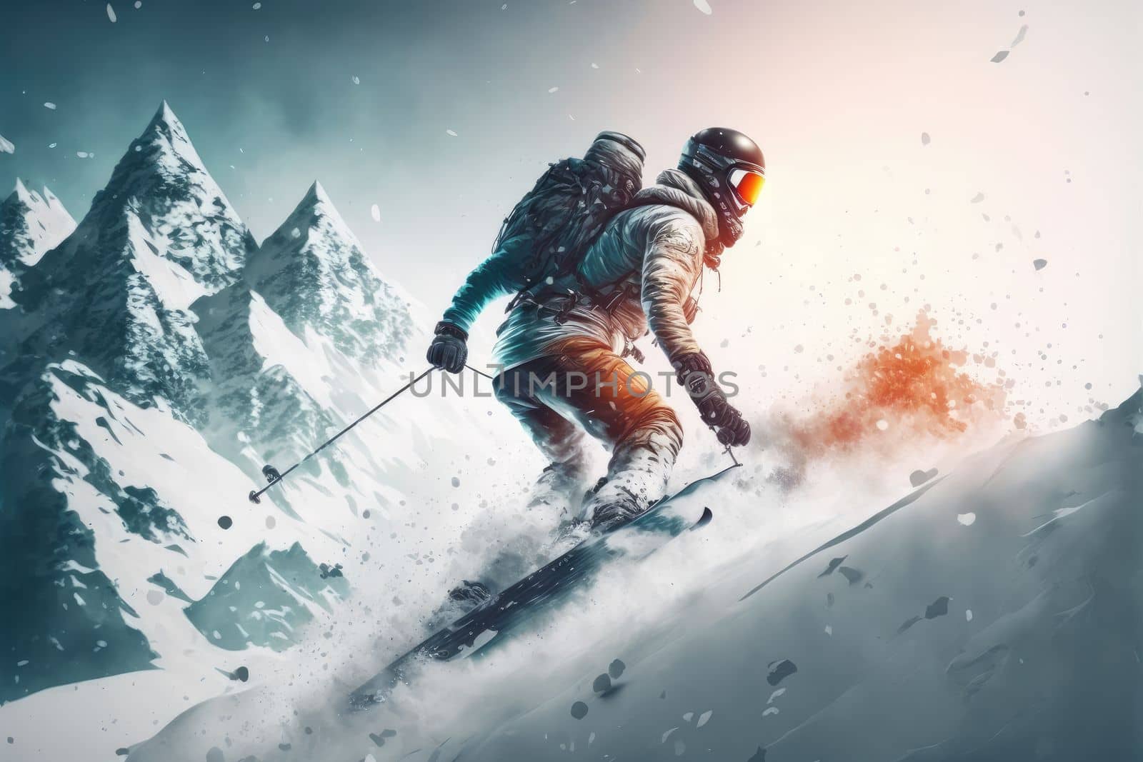 Sport man skiing on snow mountain in winter . Active and extreme sport. Peculiar AI generative image.