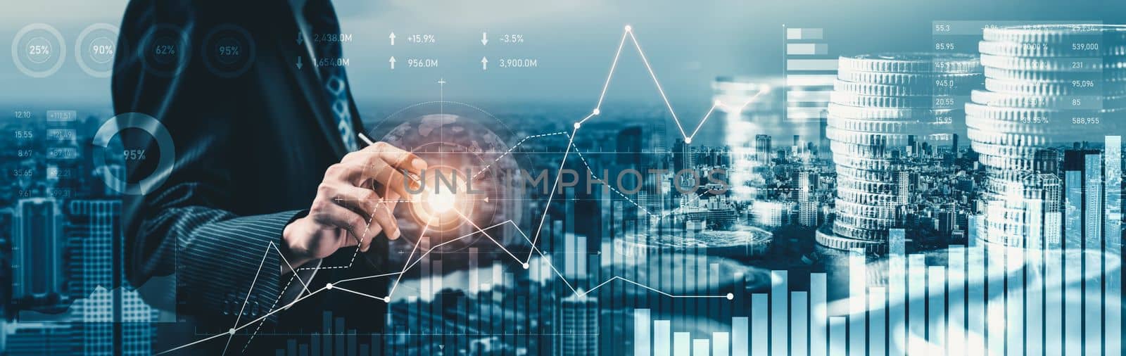 Businessman analyst working with digital finance business data graph showing technology of investment strategy for perceptive financial business decision. Digital economic analysis technology concept.