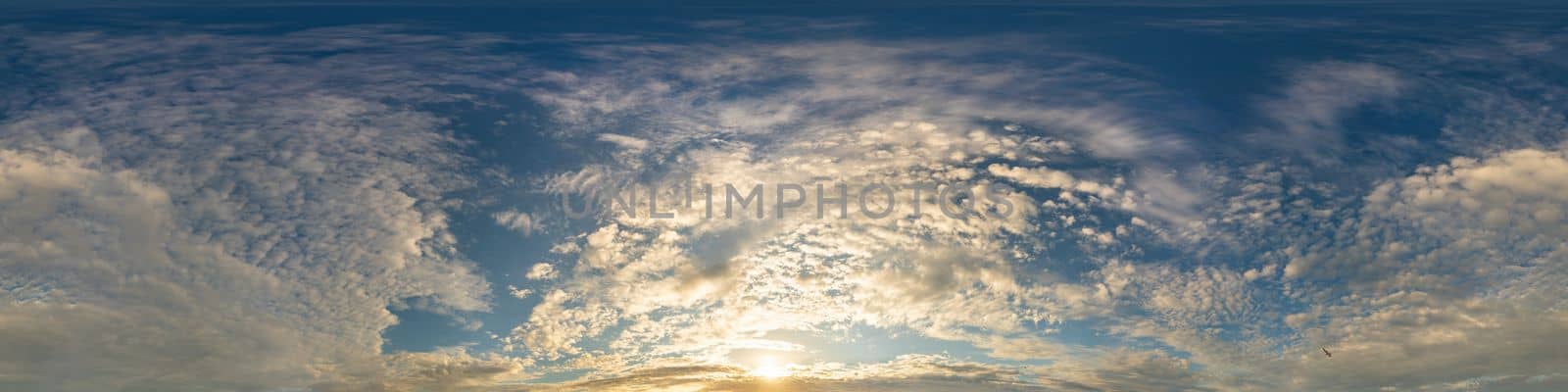 Dark blue sunset sky panorama with pink Cumulus clouds. Seamless hdr 360 pano in spherical equirectangular format. Full zenith for 3D visualization, game, sky replacement for aerial drone panoramas