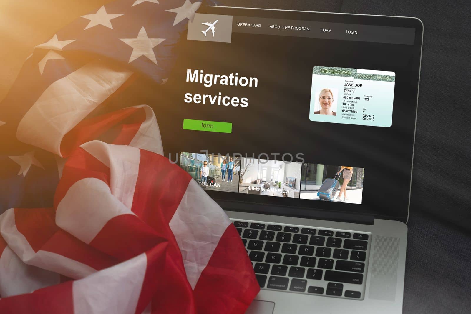 A laptop next to the USA flag. Flag of the United States close up. Concept - US government sites. Concept - Sat on Migration to America. Relocation to the United States. American Internet segment. by Andelov13