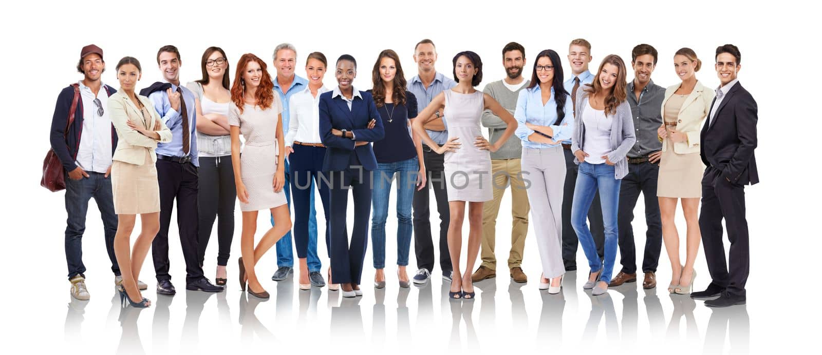 People, diversity and standing with smile together for profile, team or unity against a white studio background. Portrait of a happy isolated group of diverse crowd smiling on white background by YuriArcurs