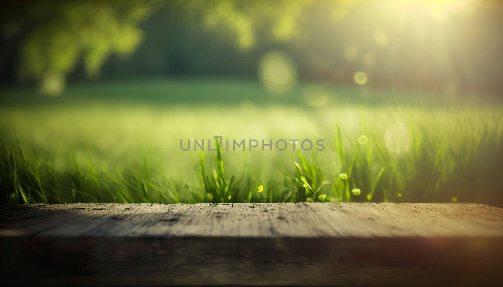 Empty table for display montages. Beautiful spring natural background with green fresh juicy young grass and empty wooden planks in nature morning outdoor. Download image