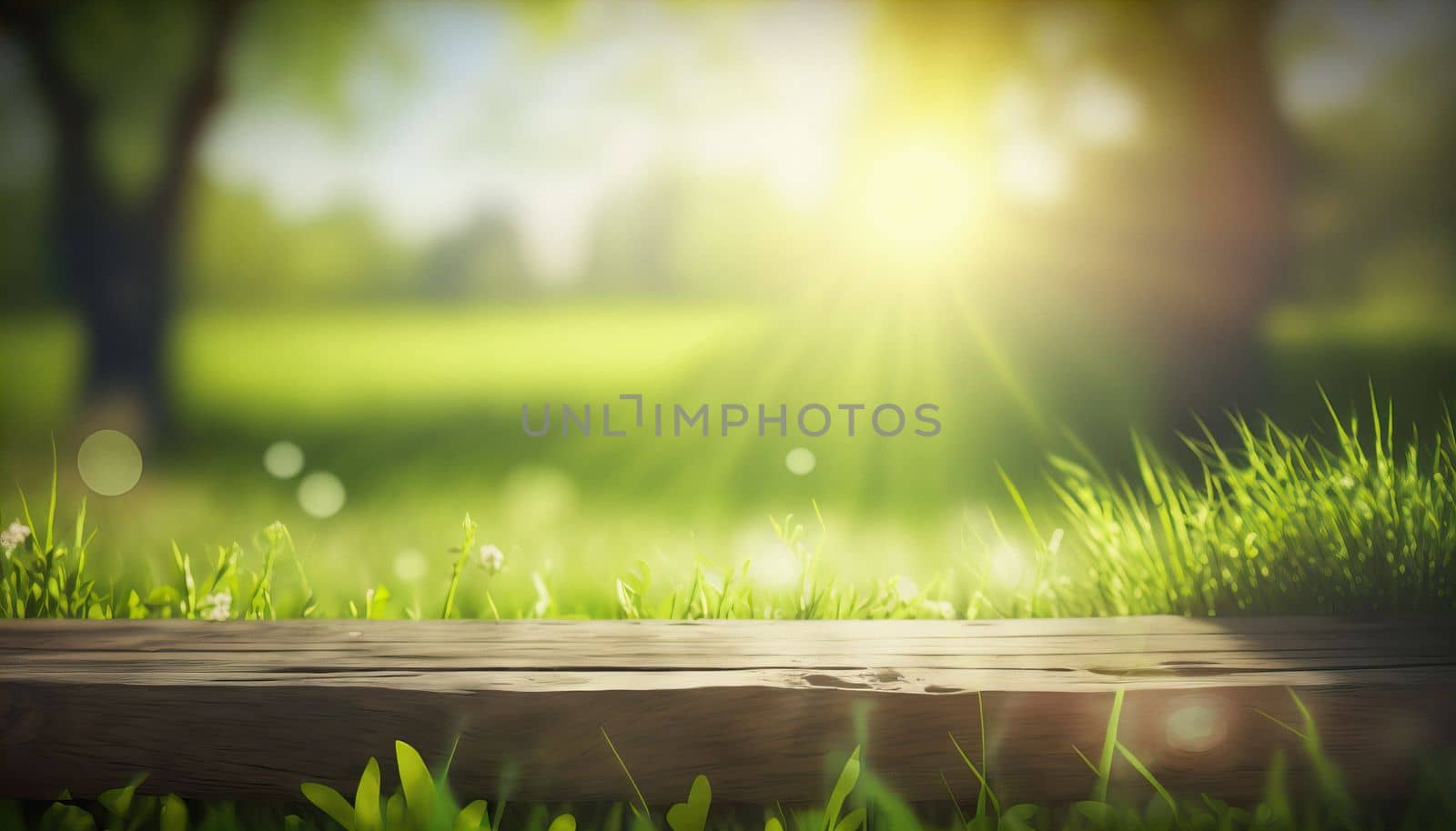 Wooden desk of free space and spring time. Beautiful spring natural background with green fresh juicy young grass and empty wooden table in nature morning outdoor by igor010