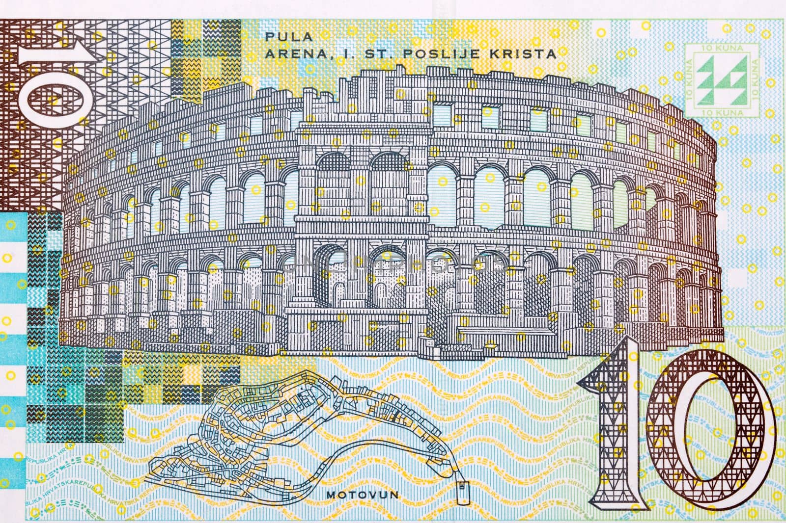 Pula Arena and Motovun town layout from Croatian money by johan10