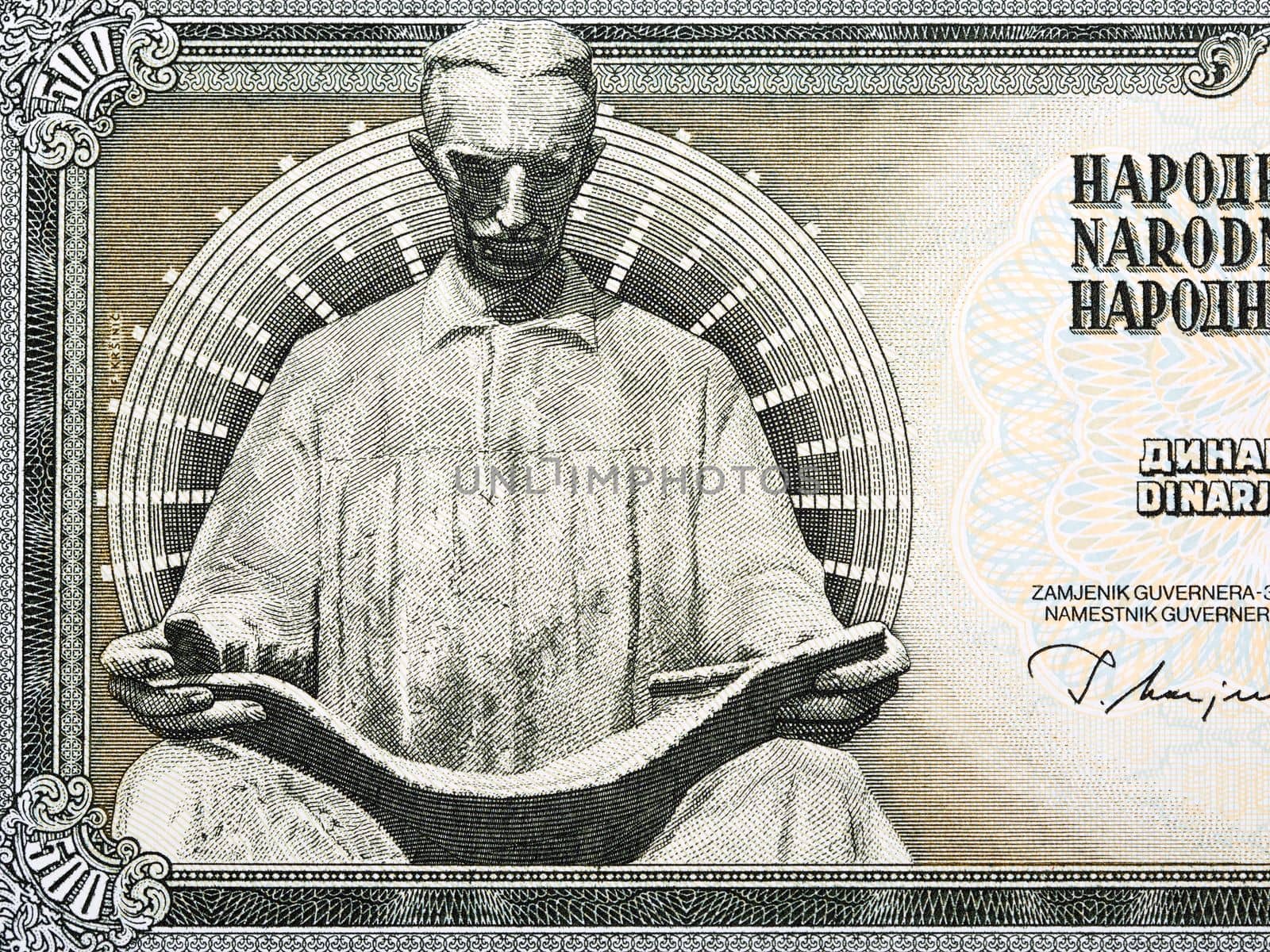 Statue of Nikola Tesla by Frano Krsinic from money - Yugoslav dinar