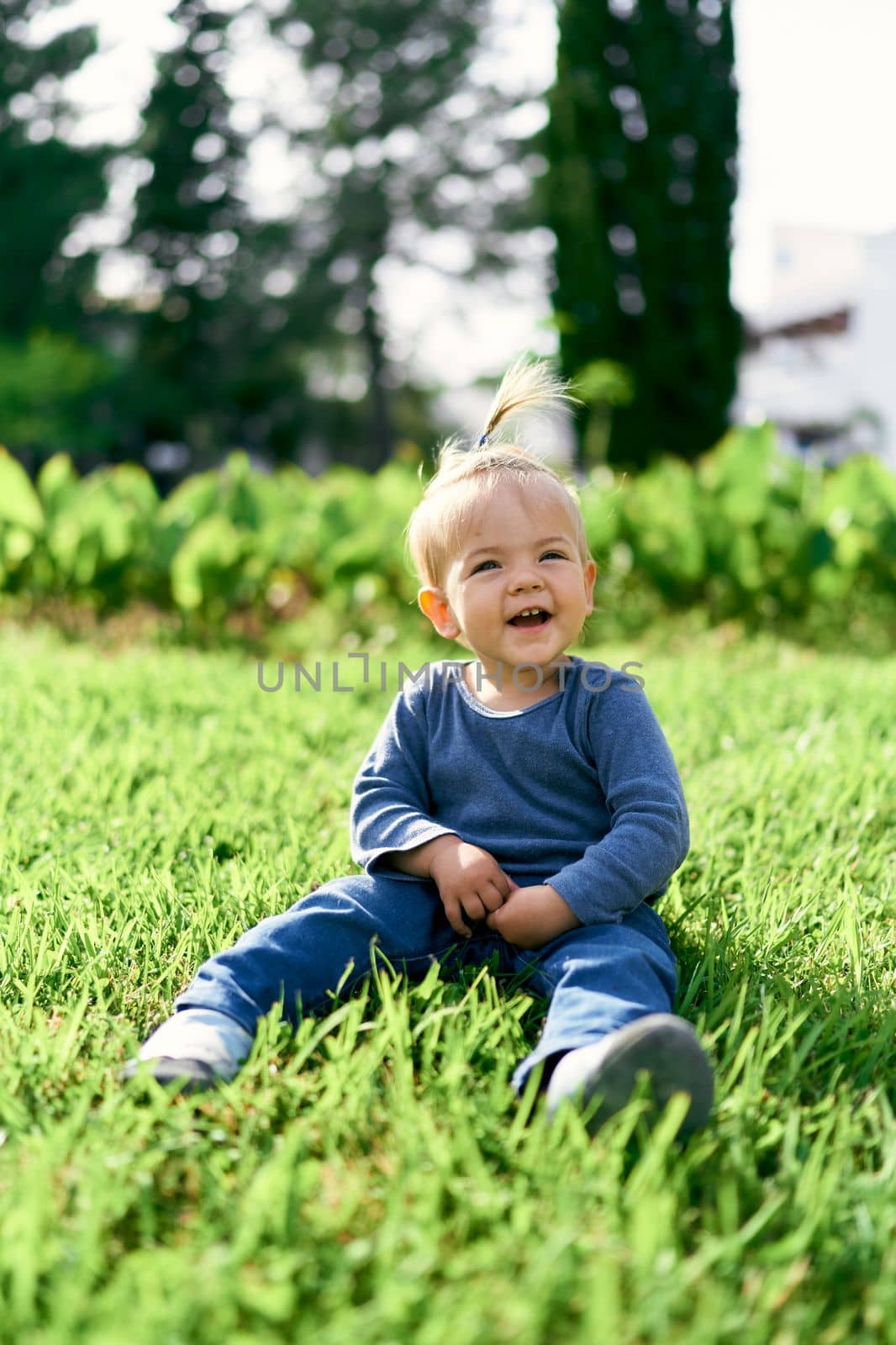 Laughing kid with a ponytail sits on a green lawn. High quality photo