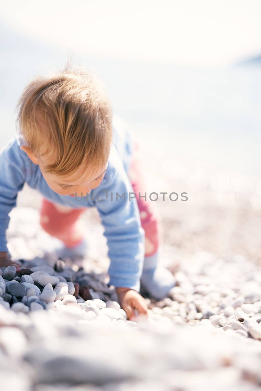 Cute baby is on all fours on a pebble beach with his head down. Close-up by Nadtochiy