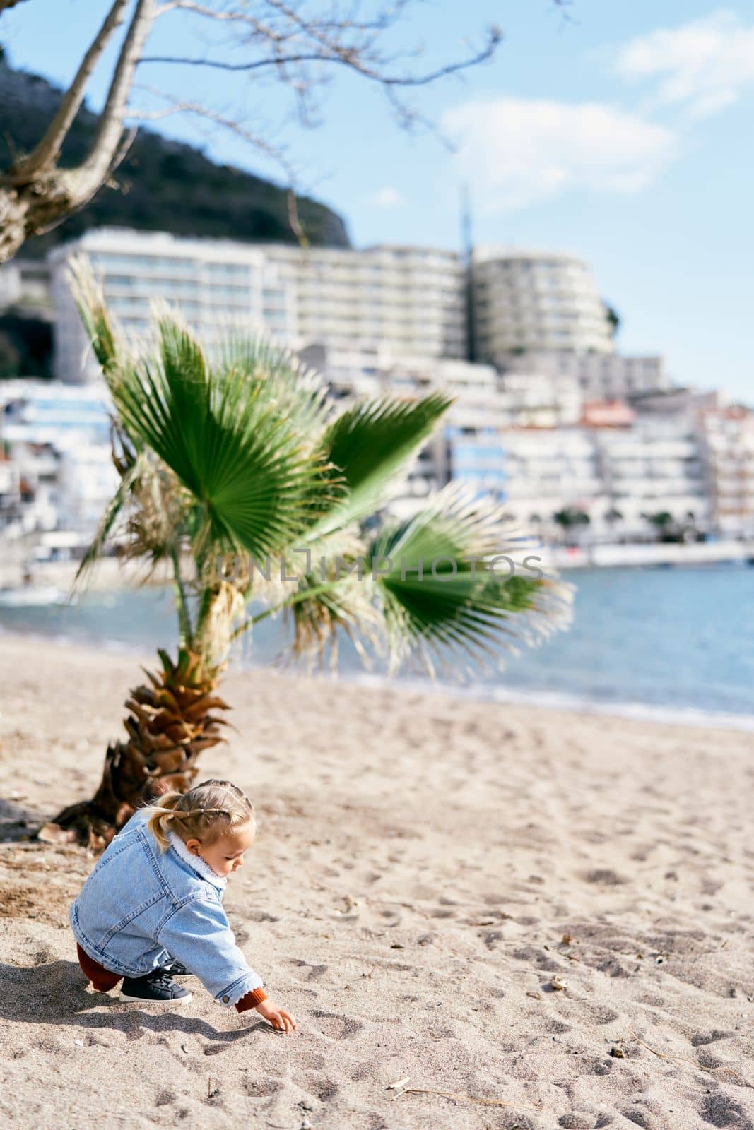 Little girl in a dress and denim jacket sits on the sand against a background of palm trees on the beach in the town of Rafailovici, Montenegro. Back view. High quality photo