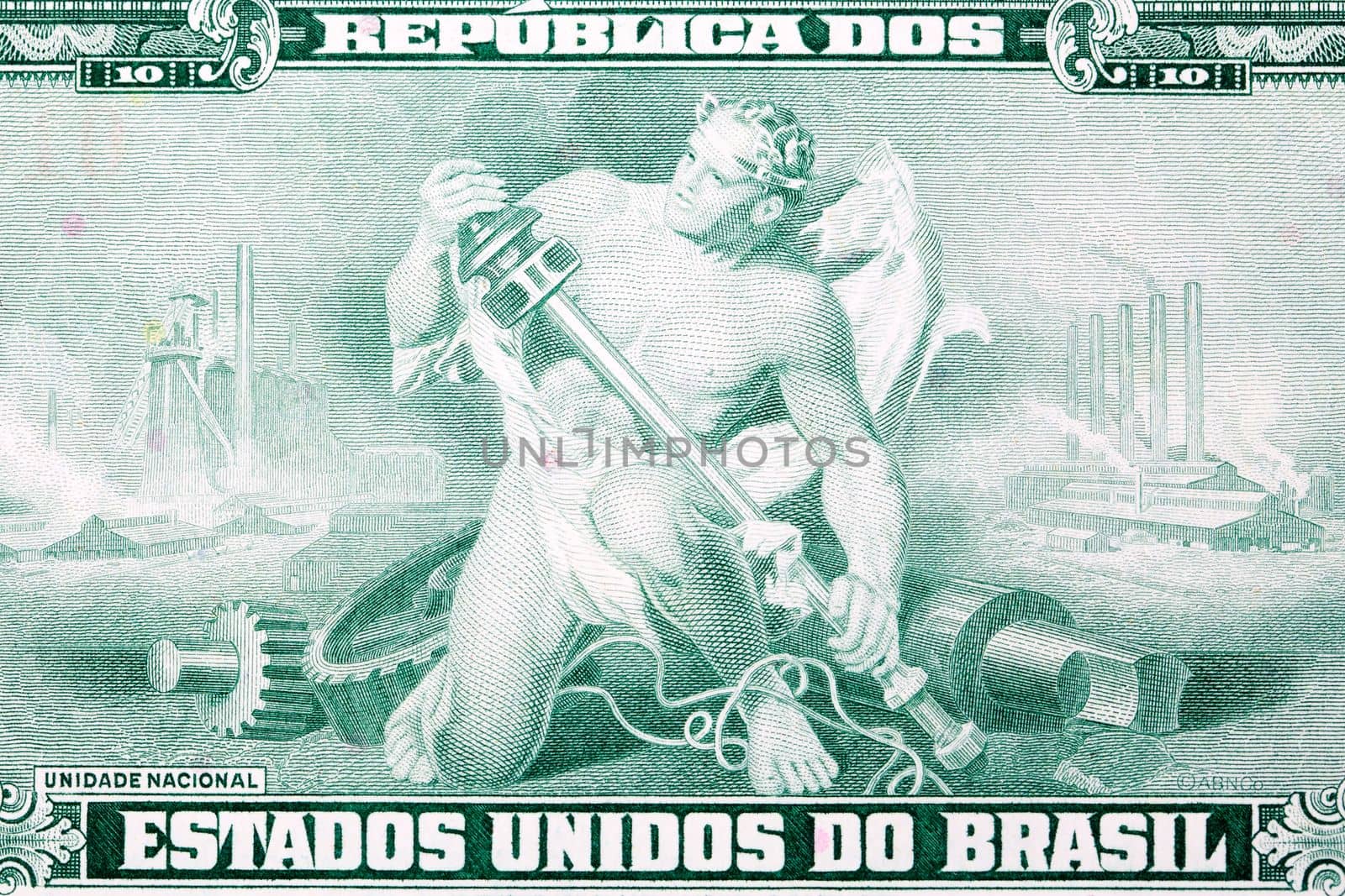 Allegorical man with industrial implements from old Brazilian money