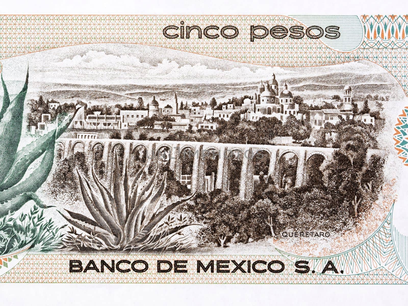 Aqueduct and buildings in the state of Queretaro from old Mexican money - Pesos