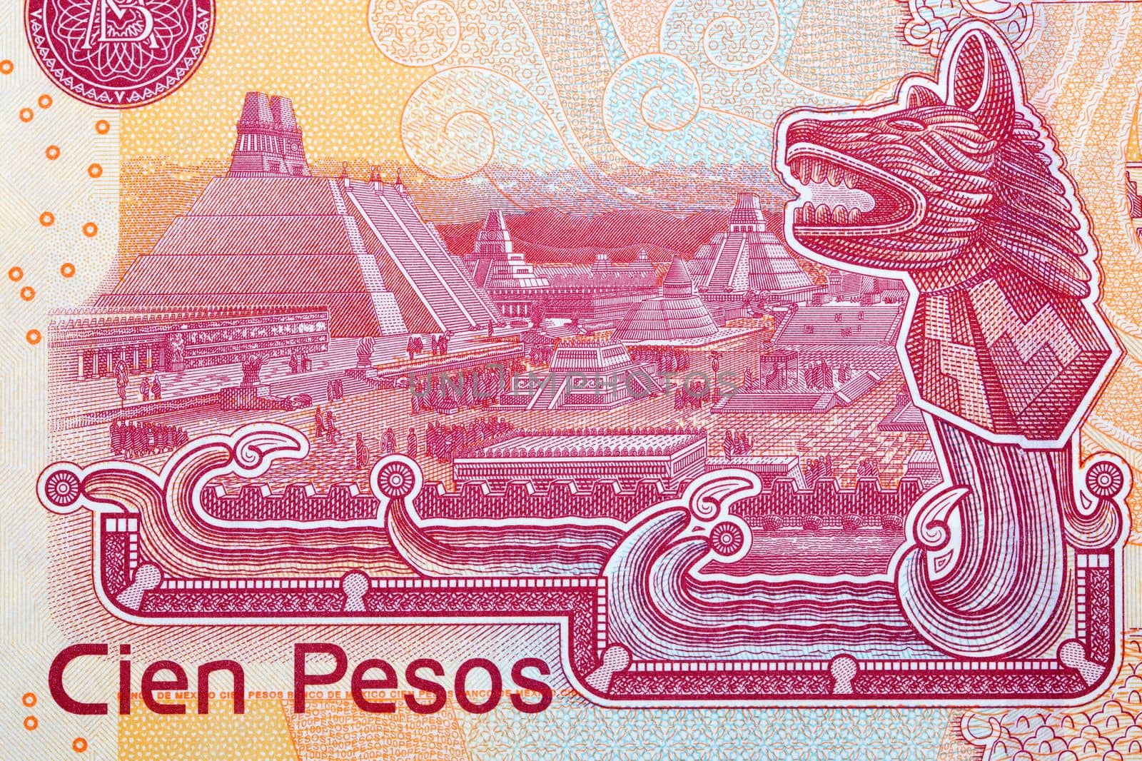 Temple and central square from Mexican money