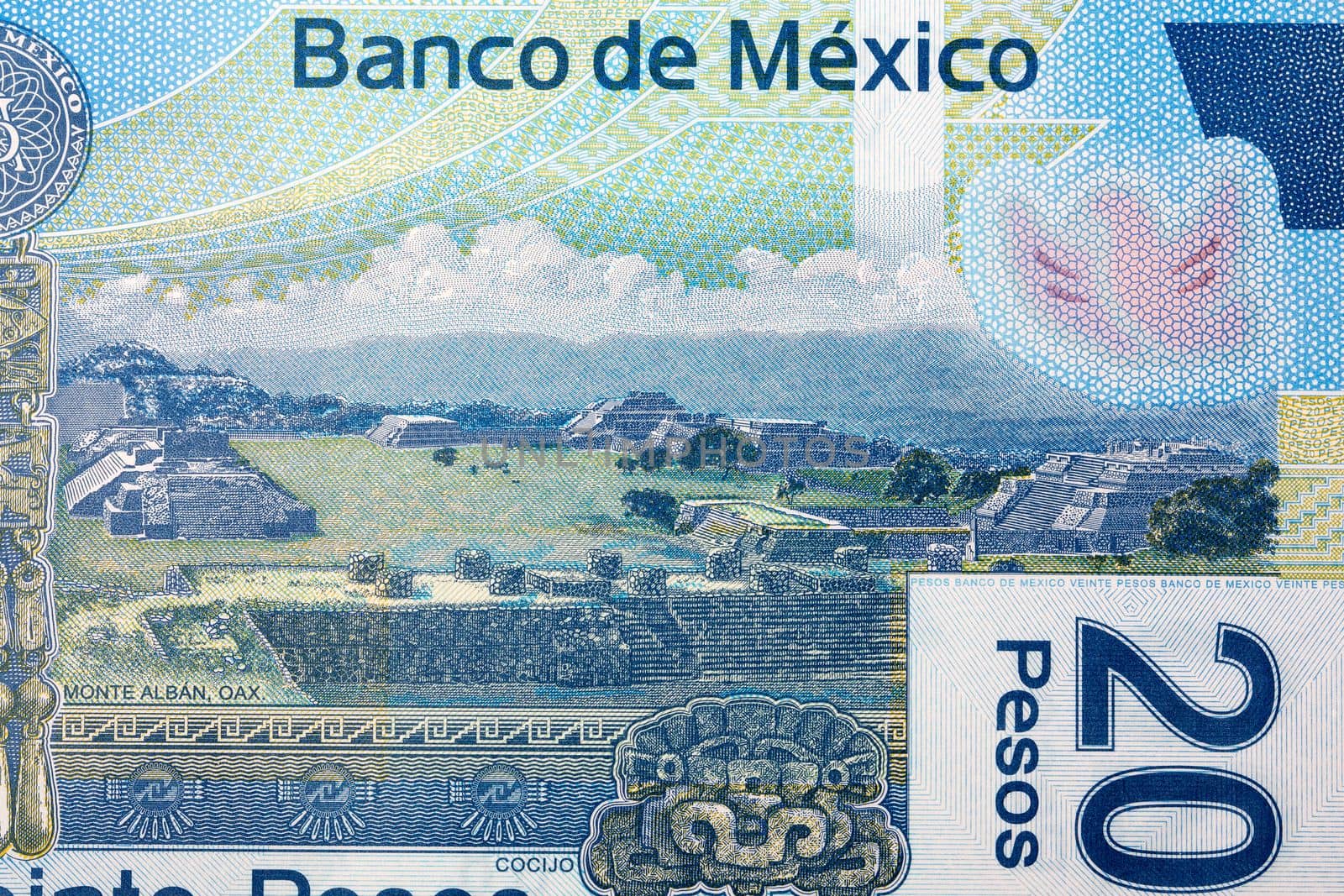 View of Monte Alban from Mexican money by johan10