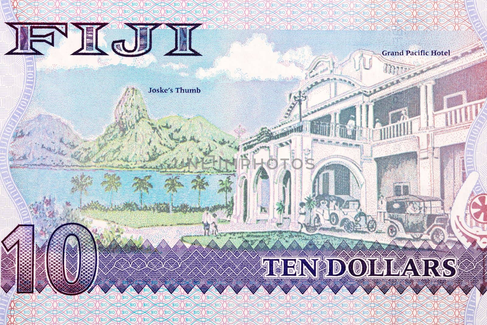 Grand Hotel Pacific, automobile and Joske's Thumb from Fijian money