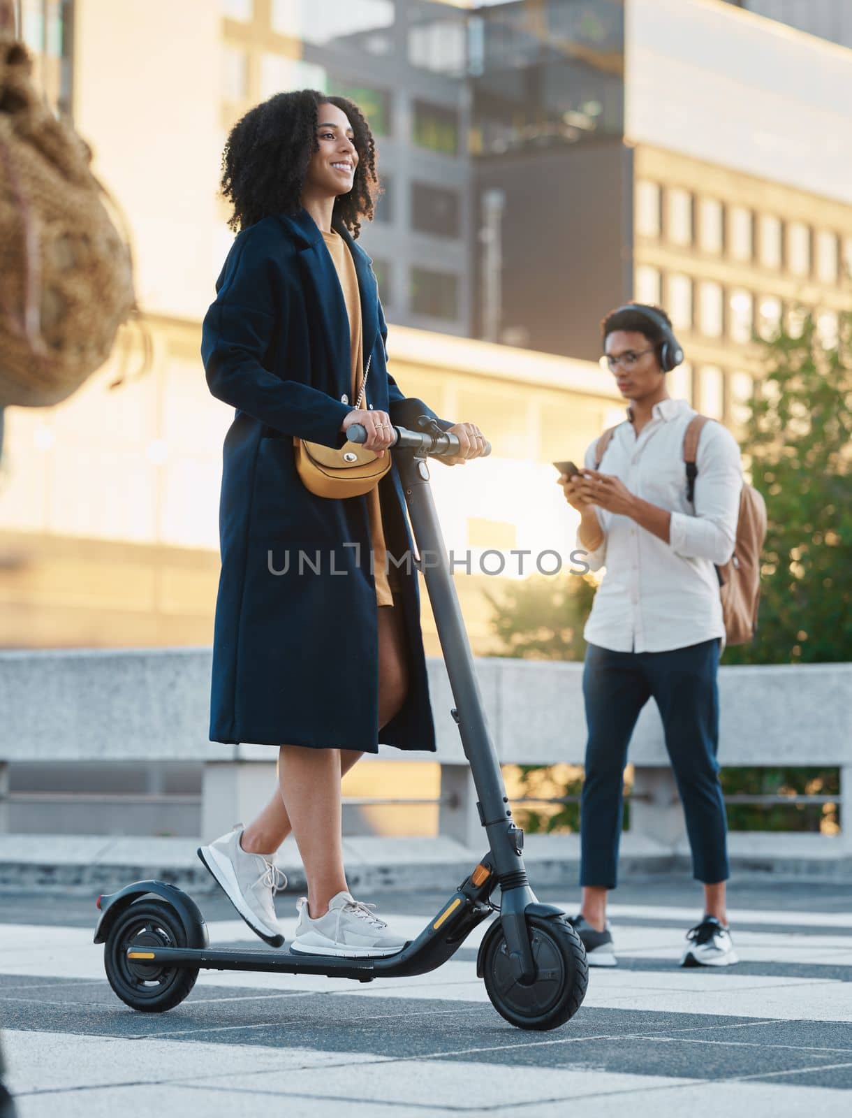 Scooter, city and business woman going to work with an electric vehicle on an outdoor street in Mexico. Travel, happy and professional female corporate manager commuting to the office in urban town. by YuriArcurs