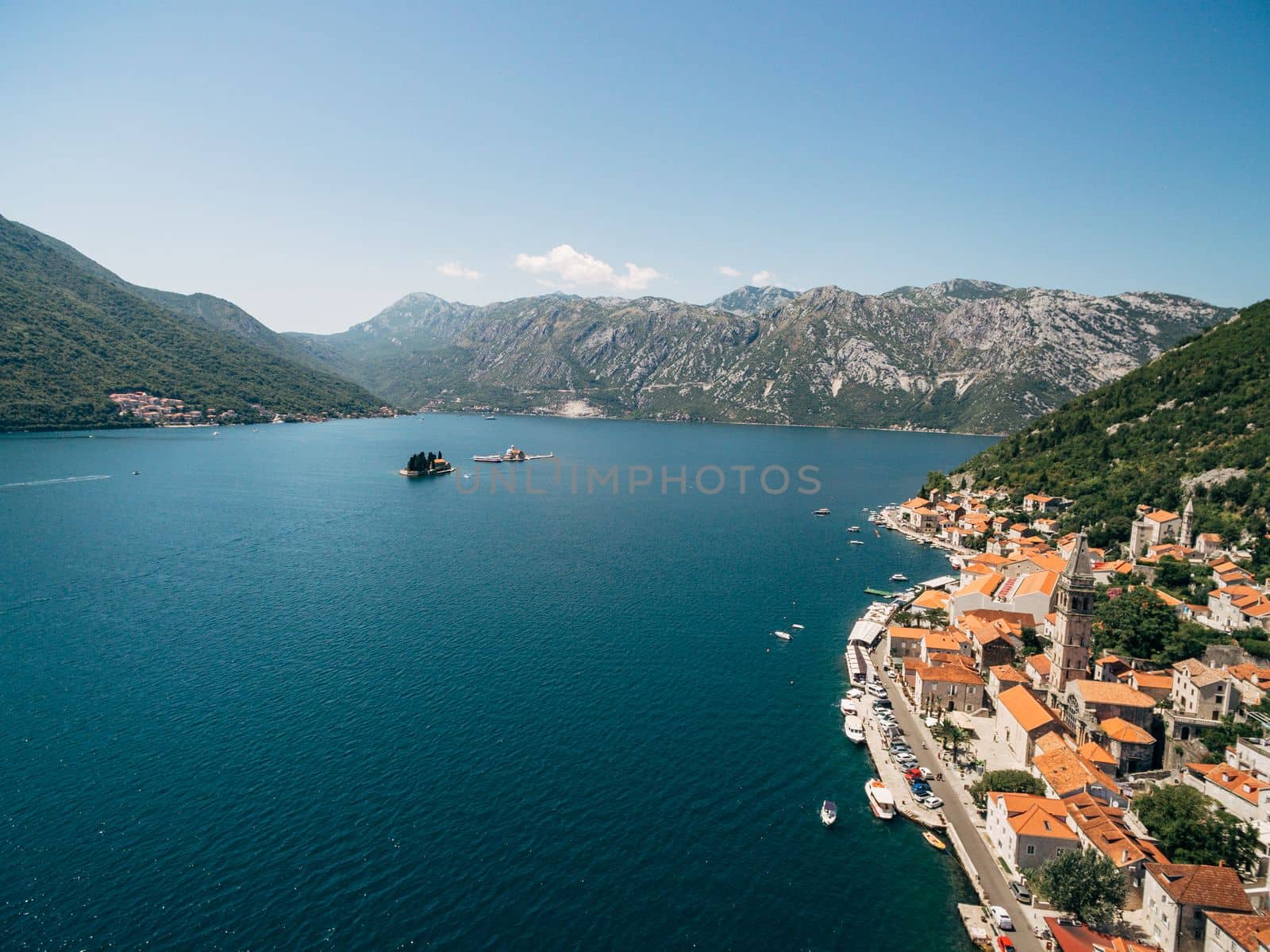 Aerial view of the coast of Perast and the islands of Gospa od Skrpjela and St. George. Montenegro. High quality photo
