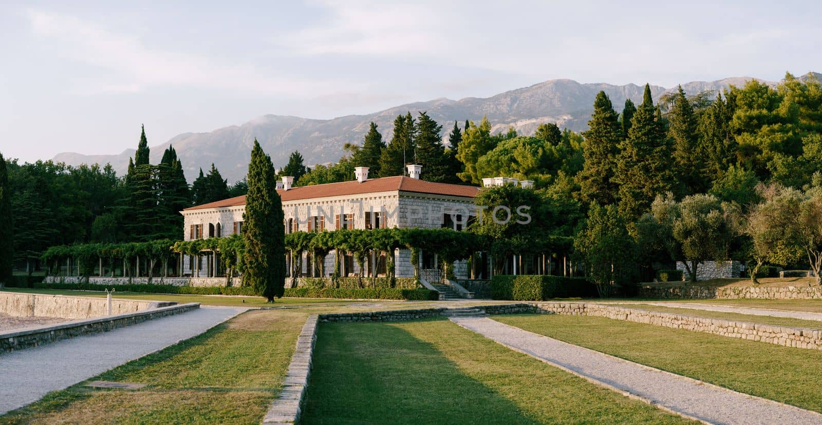 Paved paths in the park near Villa Milocer. Montenegro. High quality photo