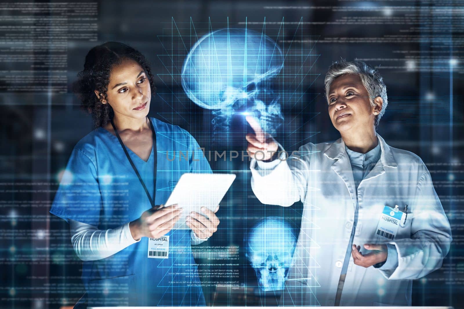 Doctors, tablet or healthcare of futuristic skull in brain cancer, mental health or fracture analytics in night hospital thinking. Abstract hologram, head or organ technology or women collaboration.