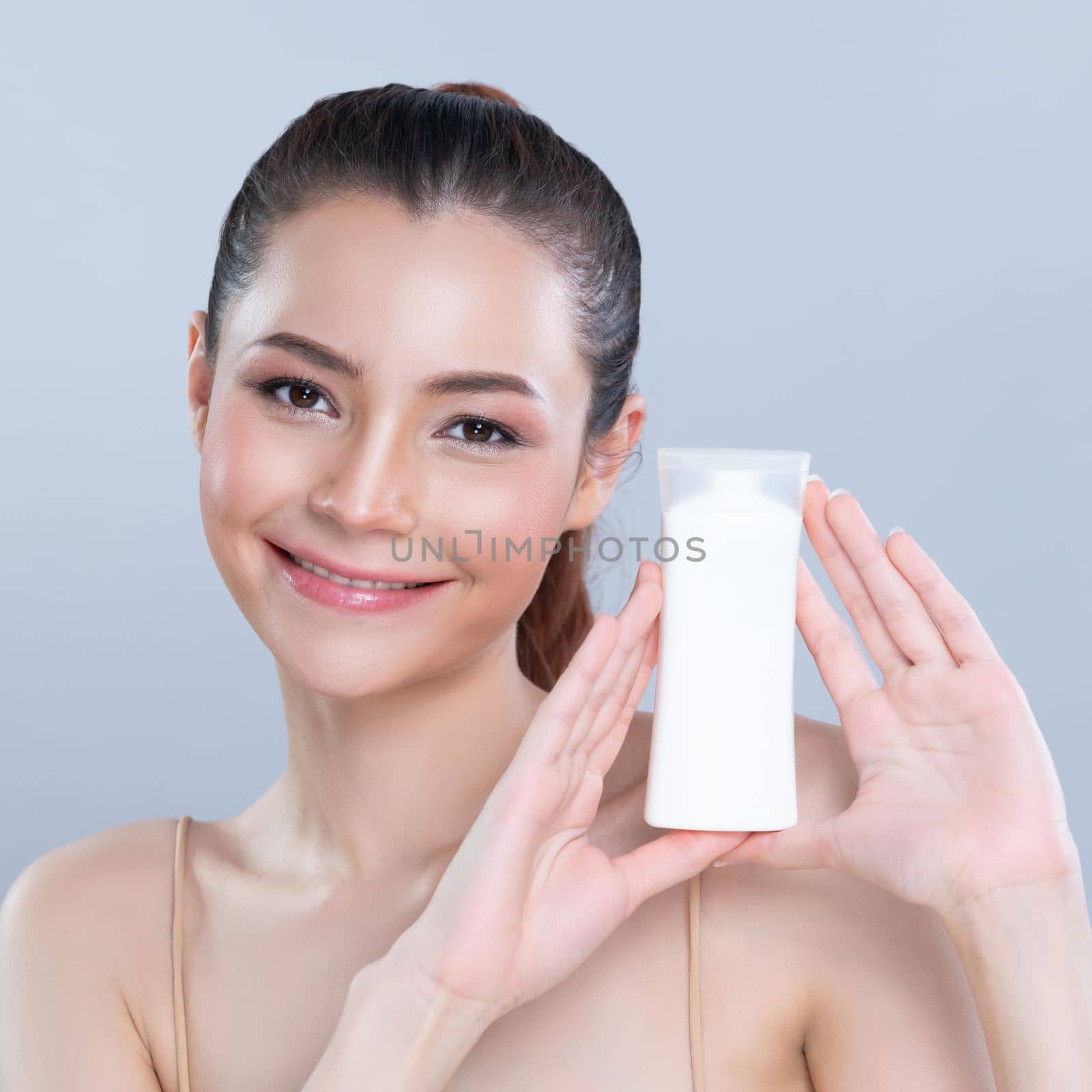 Glamorous beautiful perfect natural cosmetic skin woman portrait hold mockup tub moisturizer cream for skincare treatment, anti-aging product advertisement in isolated background.
