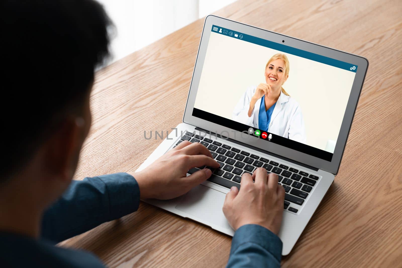 Doctor video call online by modish telemedicine software application for virtual meeting with patient