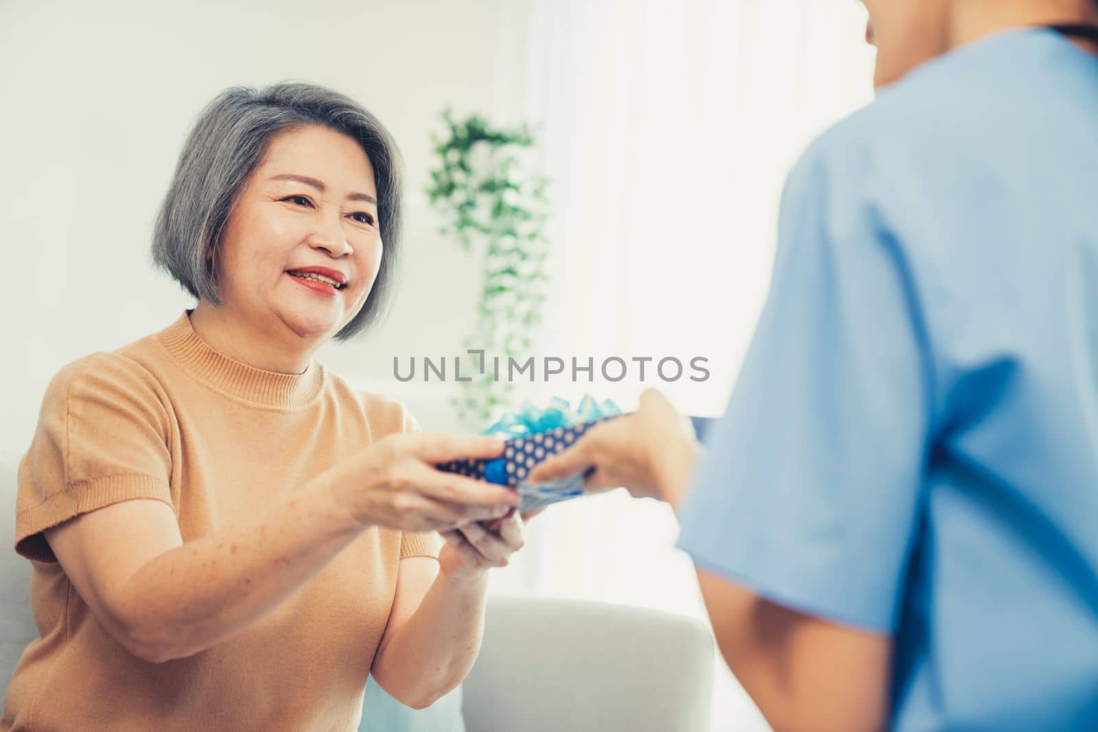 A young caregiver hand over to her senior patient a blue gift box with blue ribbons at a contented living room.