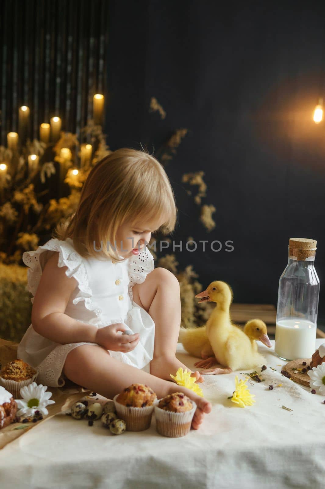 A little girl is sitting on the Easter table and playing with cute fluffy ducklings. The concept of celebrating happy Easter
