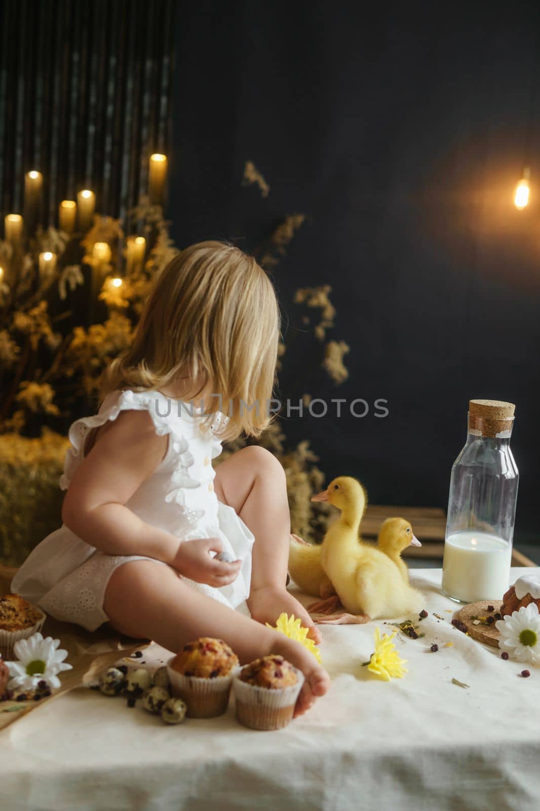 A little girl is sitting on the Easter table and playing with cute fluffy ducklings. The concept of celebrating happy Easter