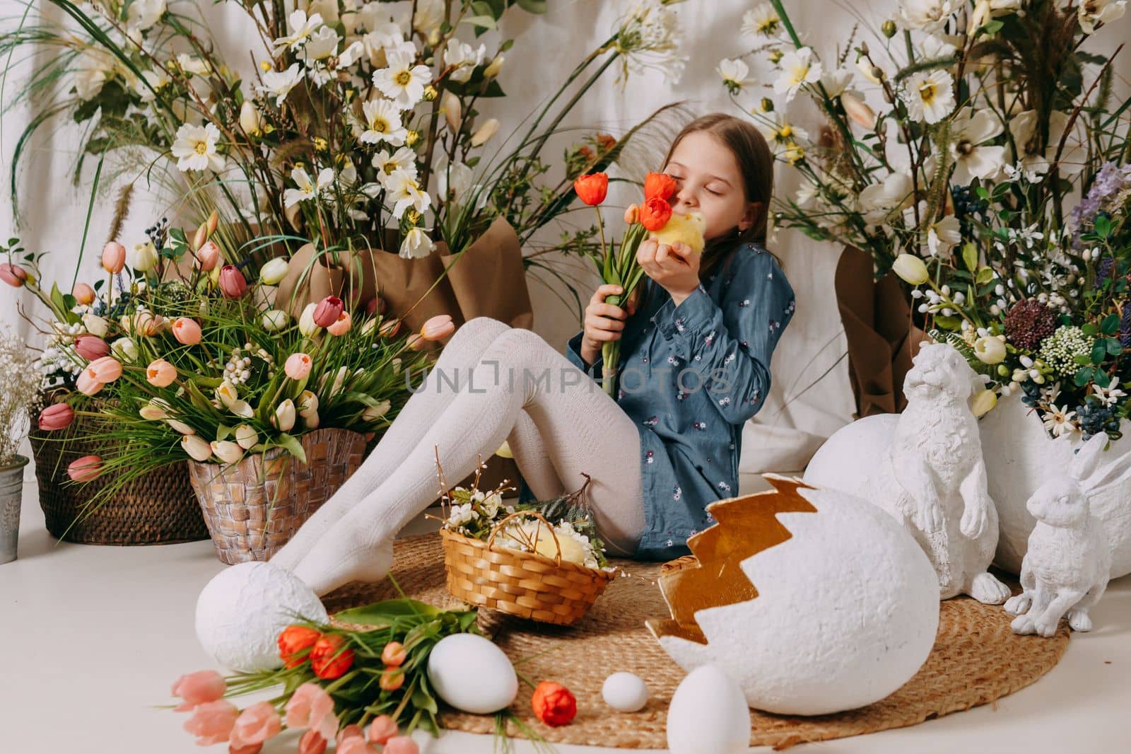 Two girls in a beautiful Easter photo zone with flowers, eggs, chickens and Easter bunnies. Happy Easter holiday