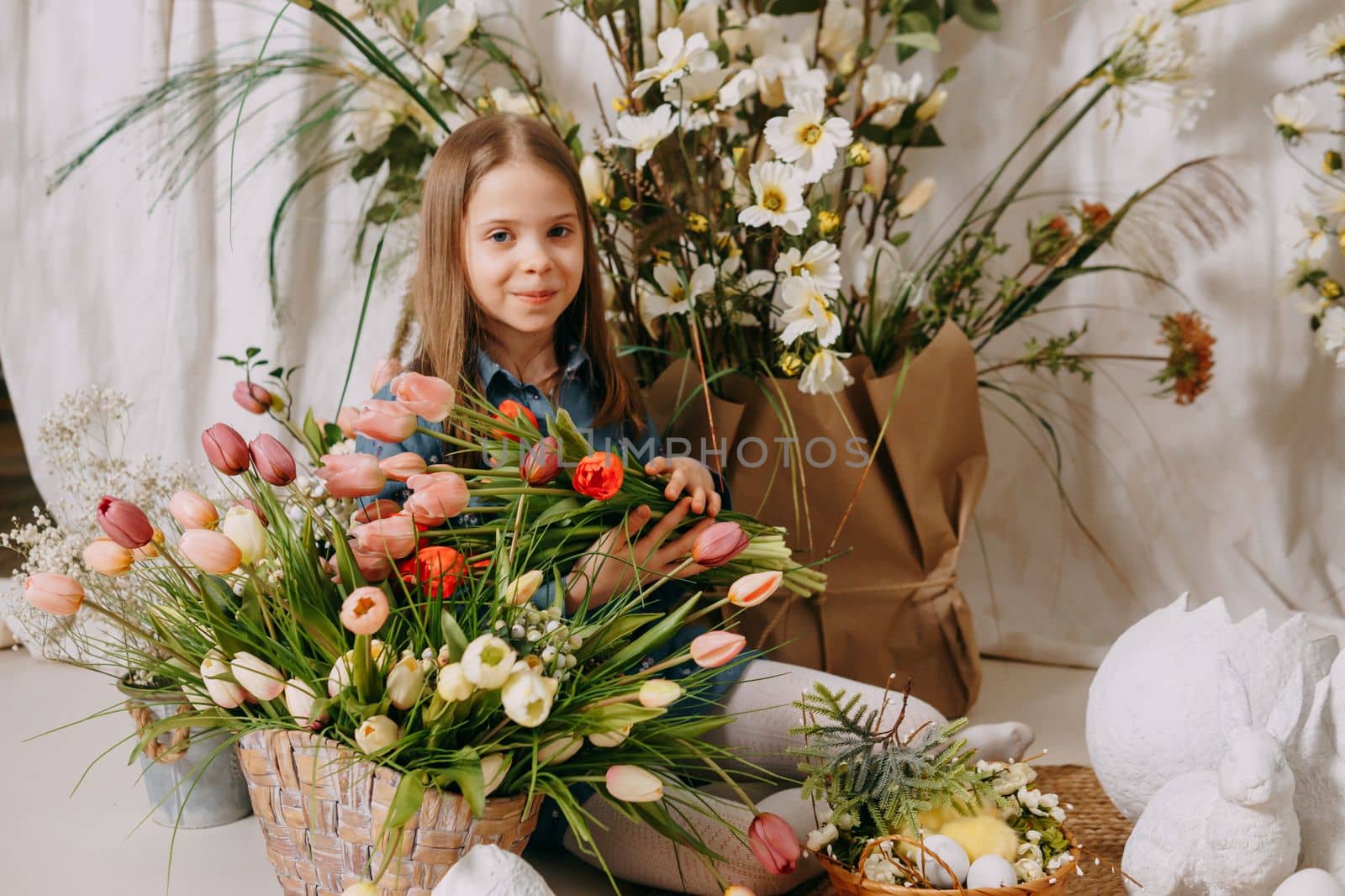 Two girls in a beautiful Easter photo zone with flowers, eggs, chickens and Easter bunnies. Happy Easter holiday