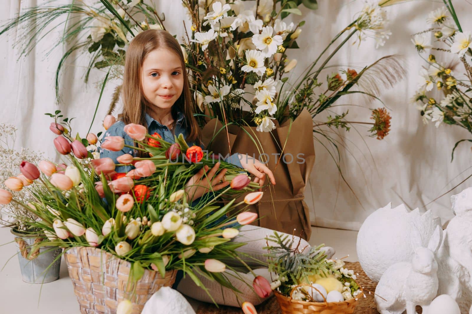 Two girls in a beautiful Easter photo zone with flowers, eggs, chickens and Easter bunnies. Happy Easter holiday
