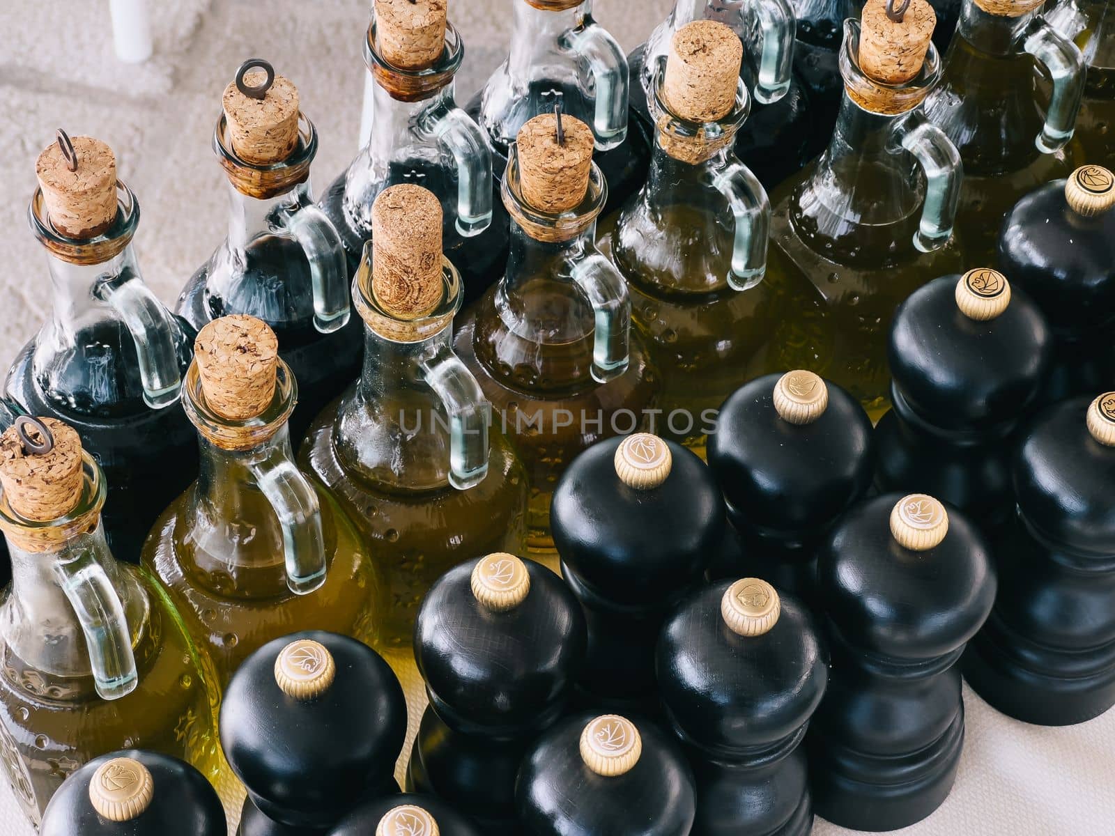 Rows of alcohol bottles with corks. Top view. High quality photo