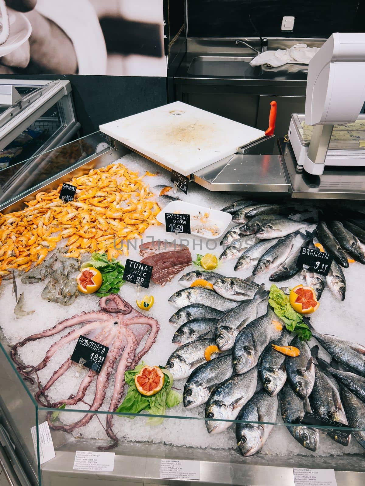 Octopus, tuna, sea bass, seafood, shrimps lie in ice on a shop window. High quality photo