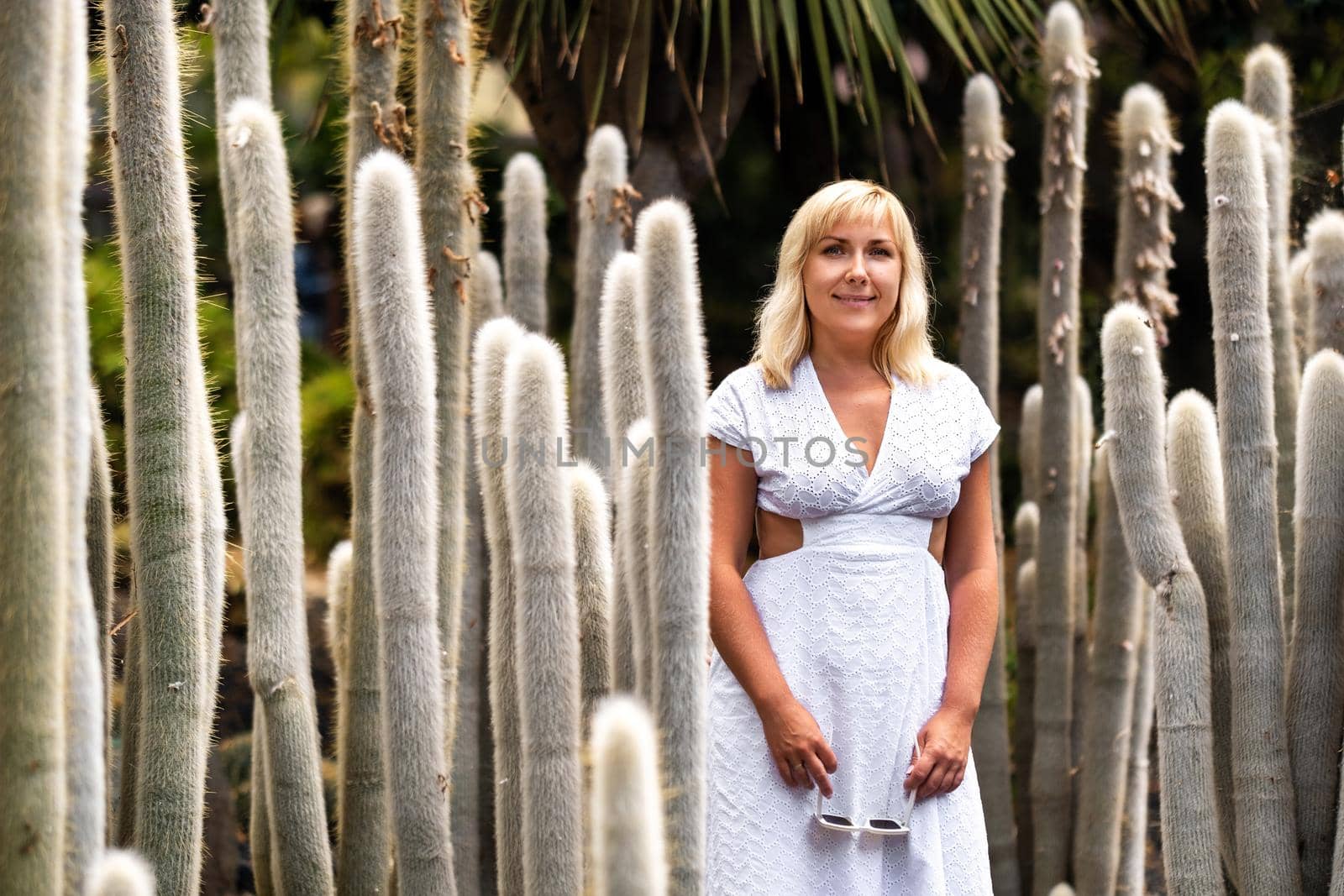 A girl in a white dress on the background of huge cacti on the island of Tenerife.Spain by Lobachad