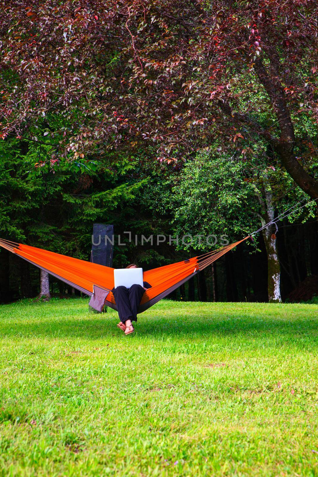Woman working on computer on hammock by bepsimage