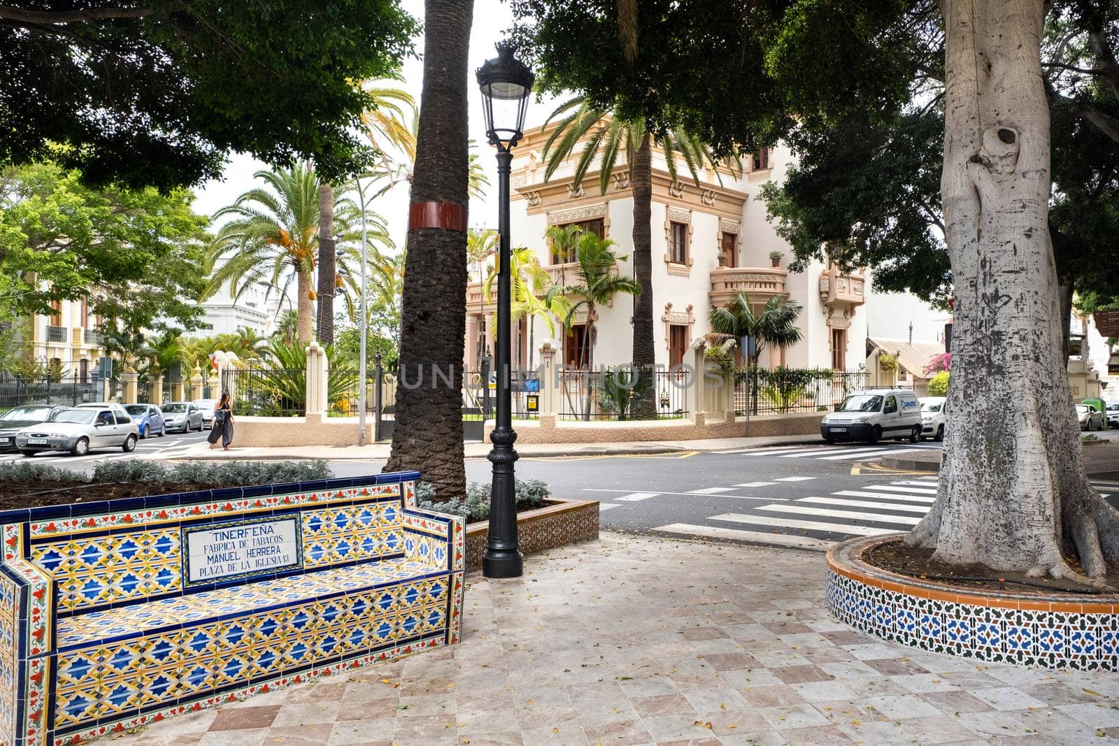 July 30, 2019: Tenerife, Canary Islands, Spain. Colorful tile bench in Los Patos Square in Santa Cruz de Tenerife.