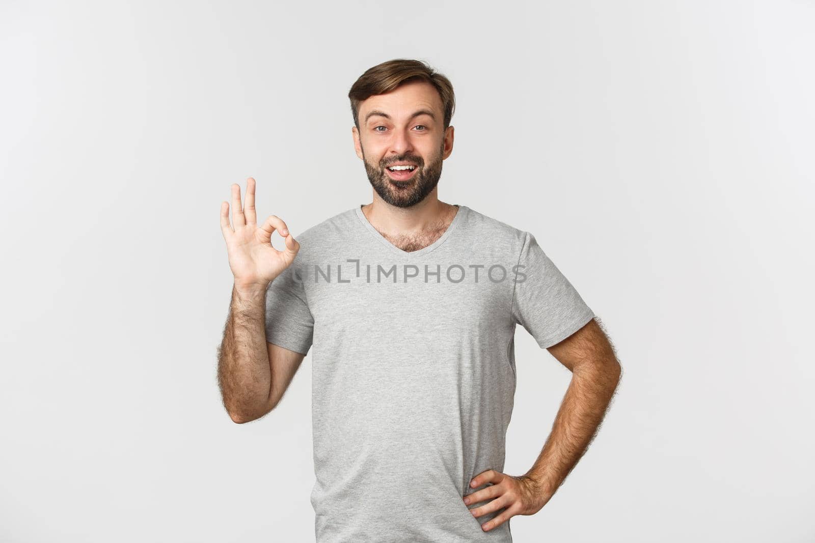 Portrait of satisfied handsome guy with beard, showing okay sign and approve something good, praising choice, standing over white background.