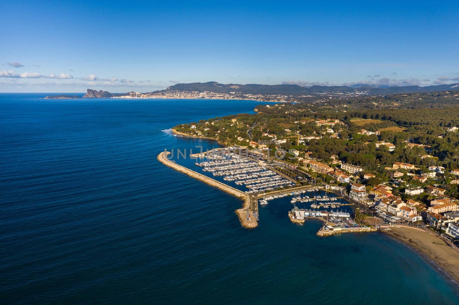 Top view of the embankment and the village of Saint-cyr-sur-mer, France.