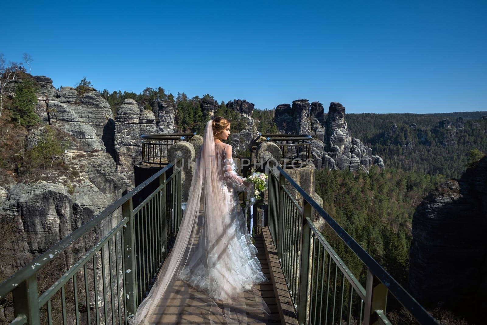 A bride in a white dress with a bouquet of flowers on the background of mountains and gorges in the Swiss Saxony, Germany, Bastei.