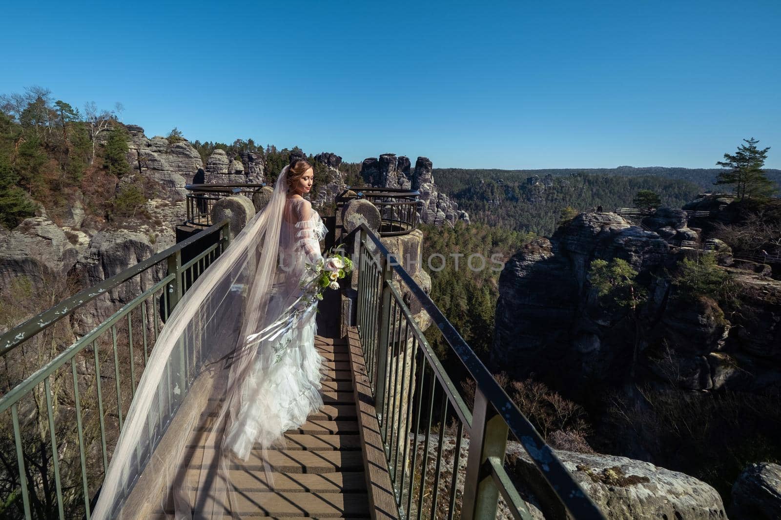 A bride in a white dress with a bouquet of flowers on the background of mountains and gorges in the Swiss Saxony, Germany, Bastei.