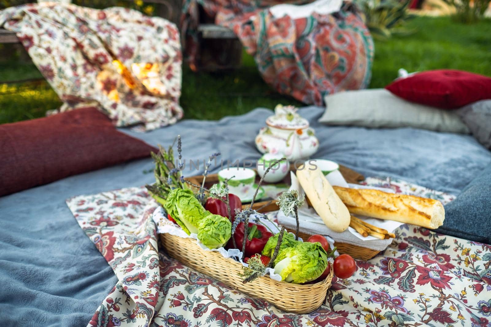 Beautiful picnic spot on the lawn at sunset in Provence.France.