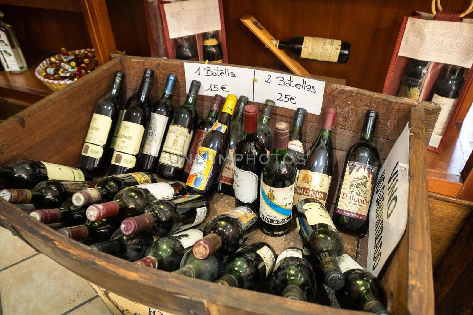 July 29, 2019.Canary Islands, Spain. Image with bottles of wine of different brands,colors and flavors by Lobachad