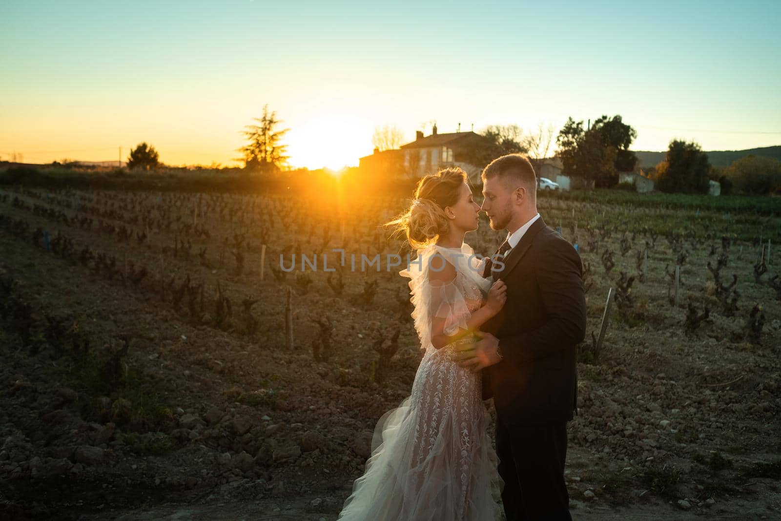 Wedding couple at sunset in France.Wedding in Provence.Wedding photo shoot in France.