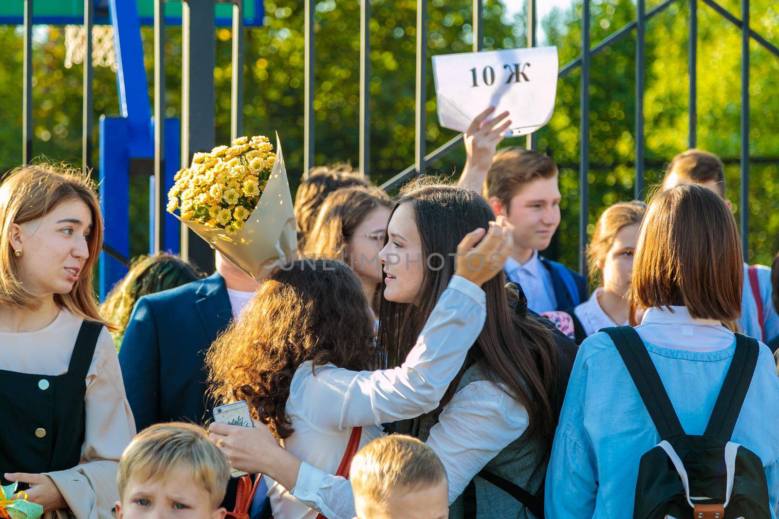 High school students met at the lineup on September 1 at school. Moscow, Russia, September 2, 2019