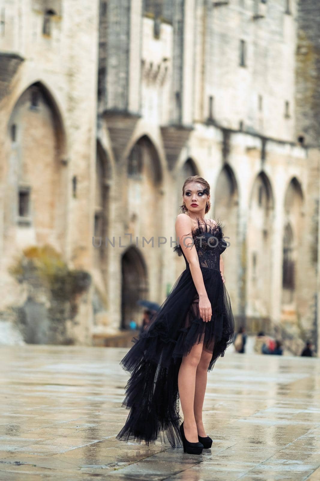 A stylish bride in a black wedding dress in the ancient French city of Avignon. A model in a black dress by Lobachad