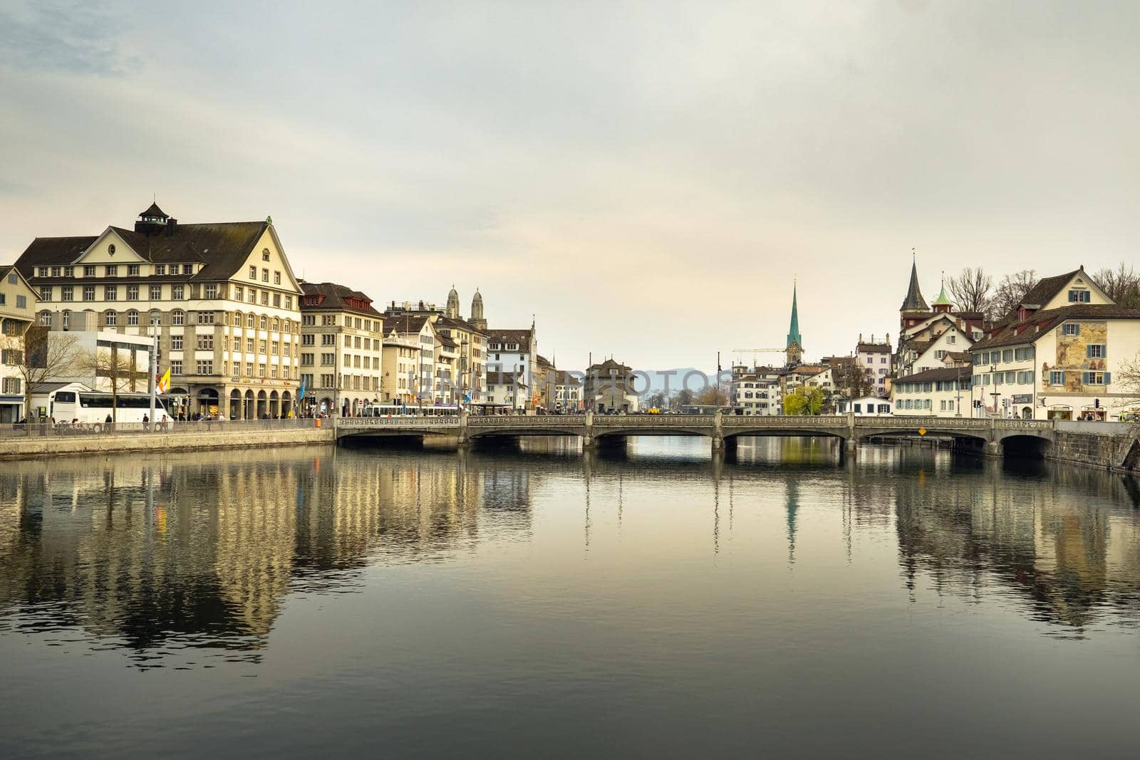 April 02, 2019 .Zurich.Switzerland. Limmat River and embankment with bridge in the city center of Zurich.