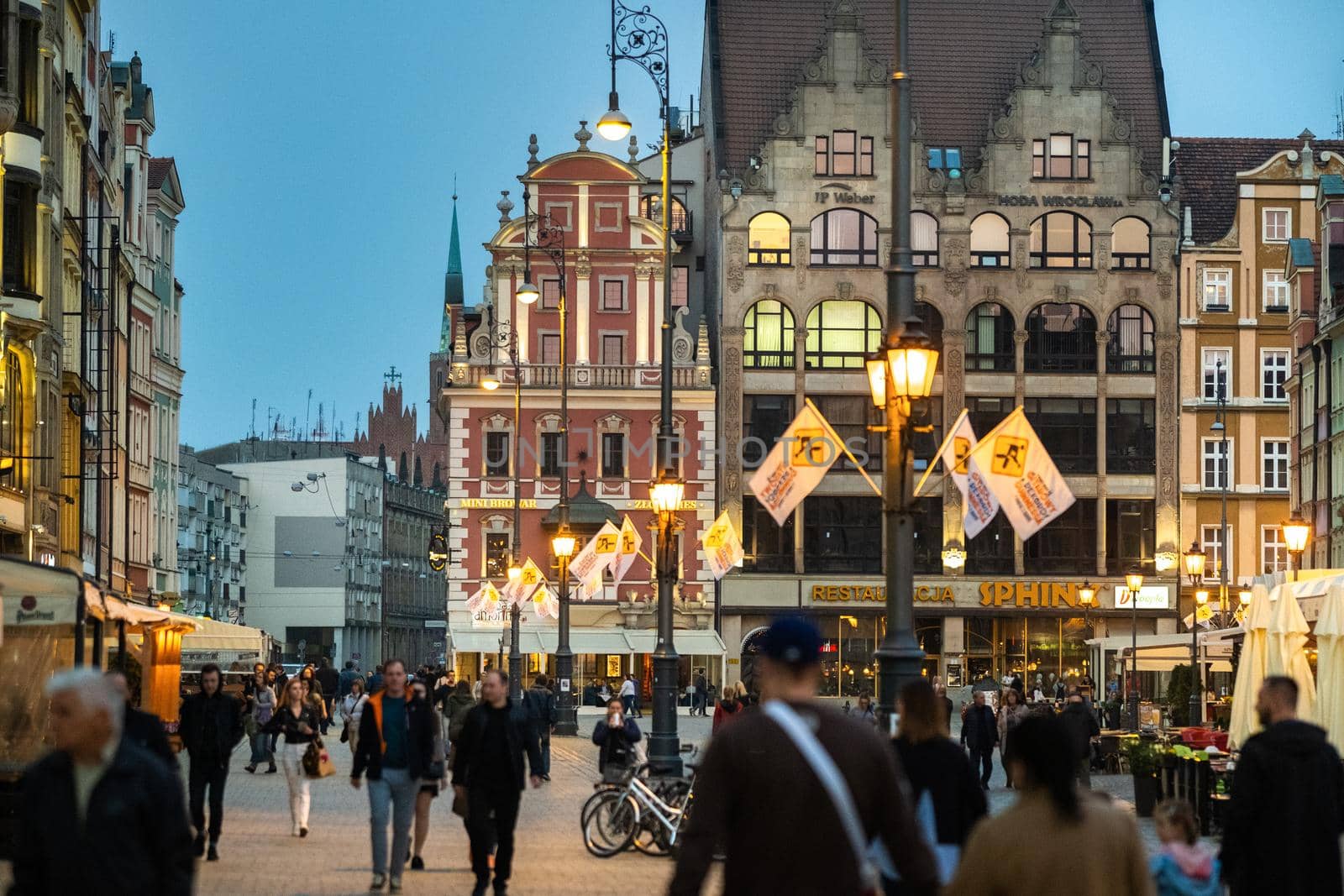 WROCLAW, POLAND-April 8, 2019: Evening View of the Market Square in the Old Town of Wroclaw. Wroclaw-the historical capital of Lower Silesia.