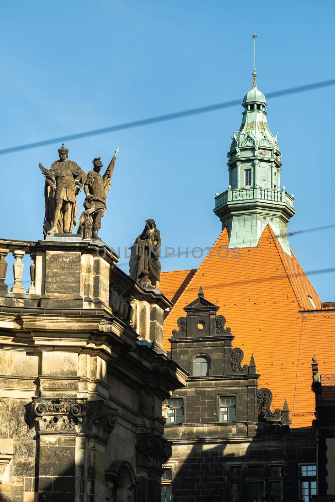 Dresden, Saxon Switzerland, Germany: A street in the city center and the old buildings of Dresden.