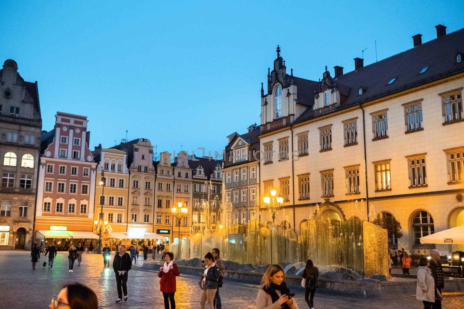 WROCLAW, POLAND-April 8, 2019: Evening View of the Market Square in the Old Town of Wroclaw. Wroclaw-the historical capital of Lower Silesia.