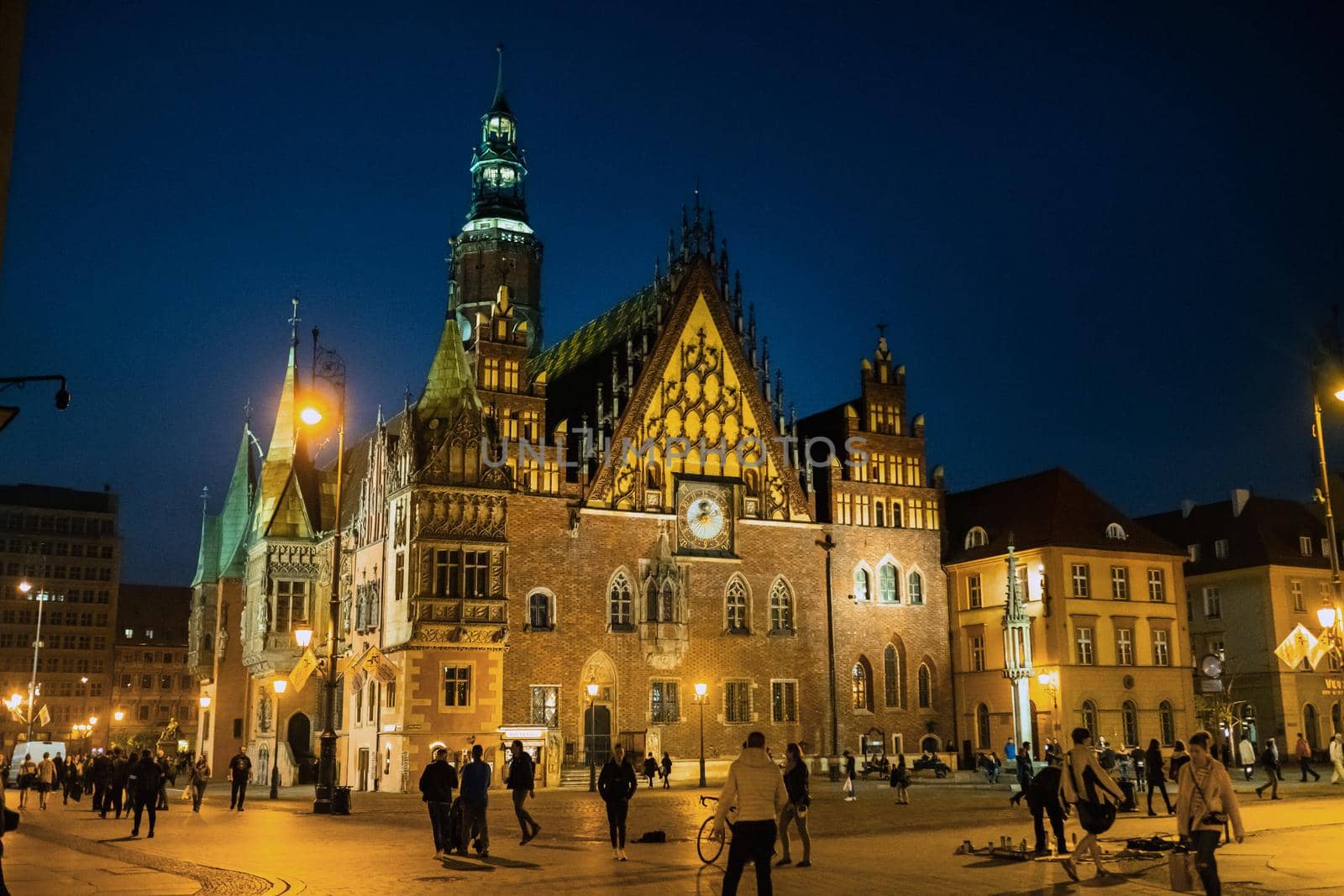 WROCLAW, POLAND-April 8, 2019:Night view of the Wroclaw Market Square with the town Hall.Europe.