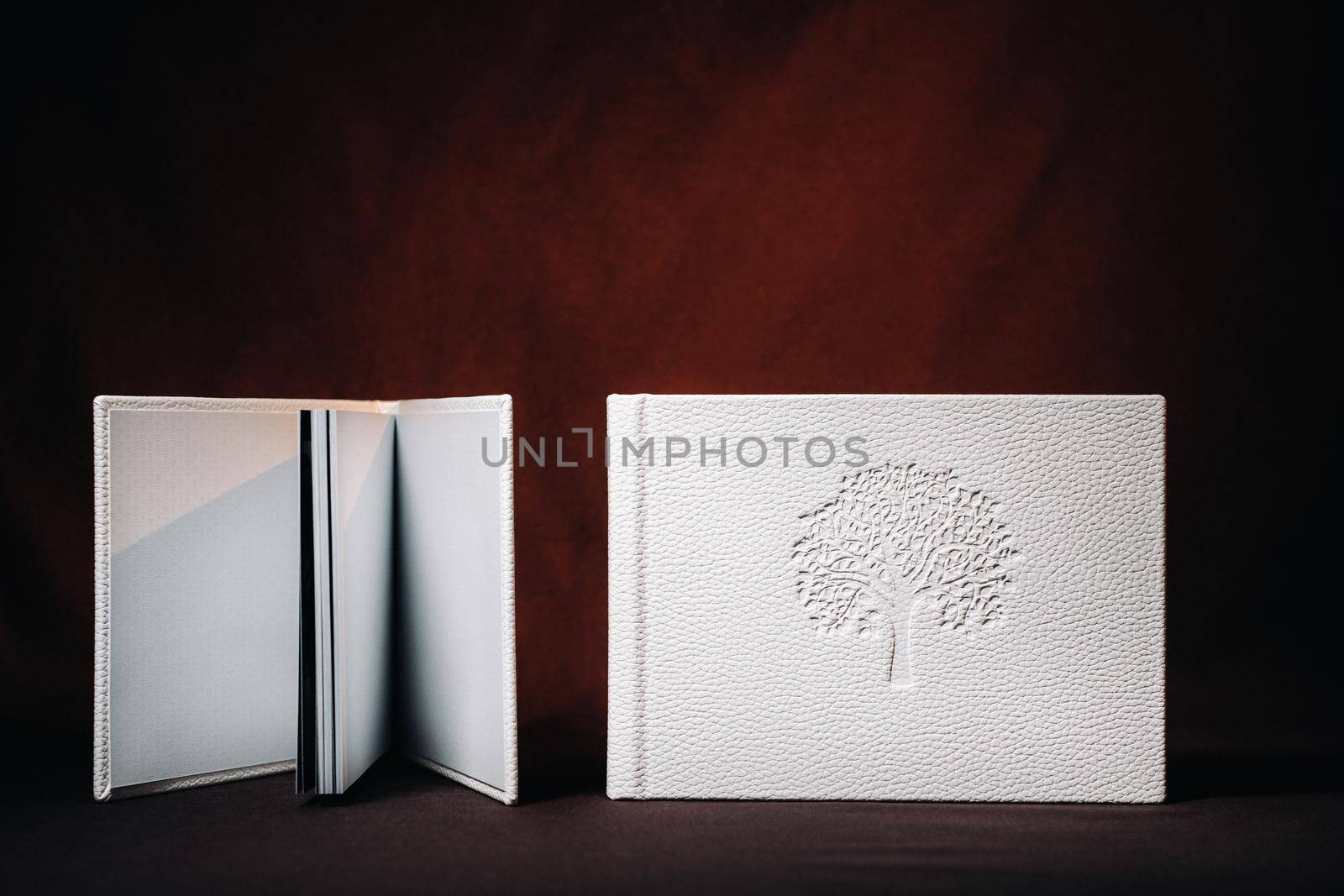 Composition of photo books in natural white leather of different sizes. The white paper on a dark background