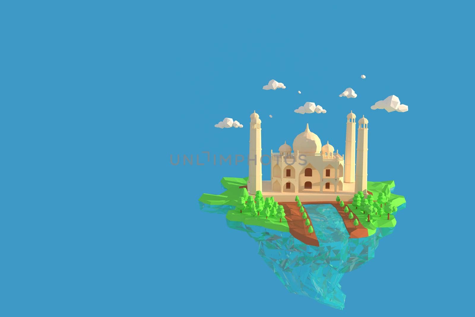 3D illustrator Taj Mahal, Agra, India. 3d rendering low polygon geometry background. Abstract polygonal geometric Shape. Lowpoly minimal style art.